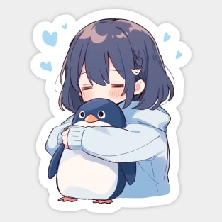 cute girl hugging a penguin Sticker